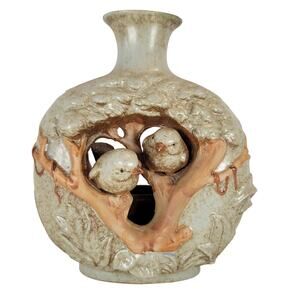Rustic Ceramic Vase Tree Trunk Birds 9" Tall Votive Holder Decor Vintage Finch